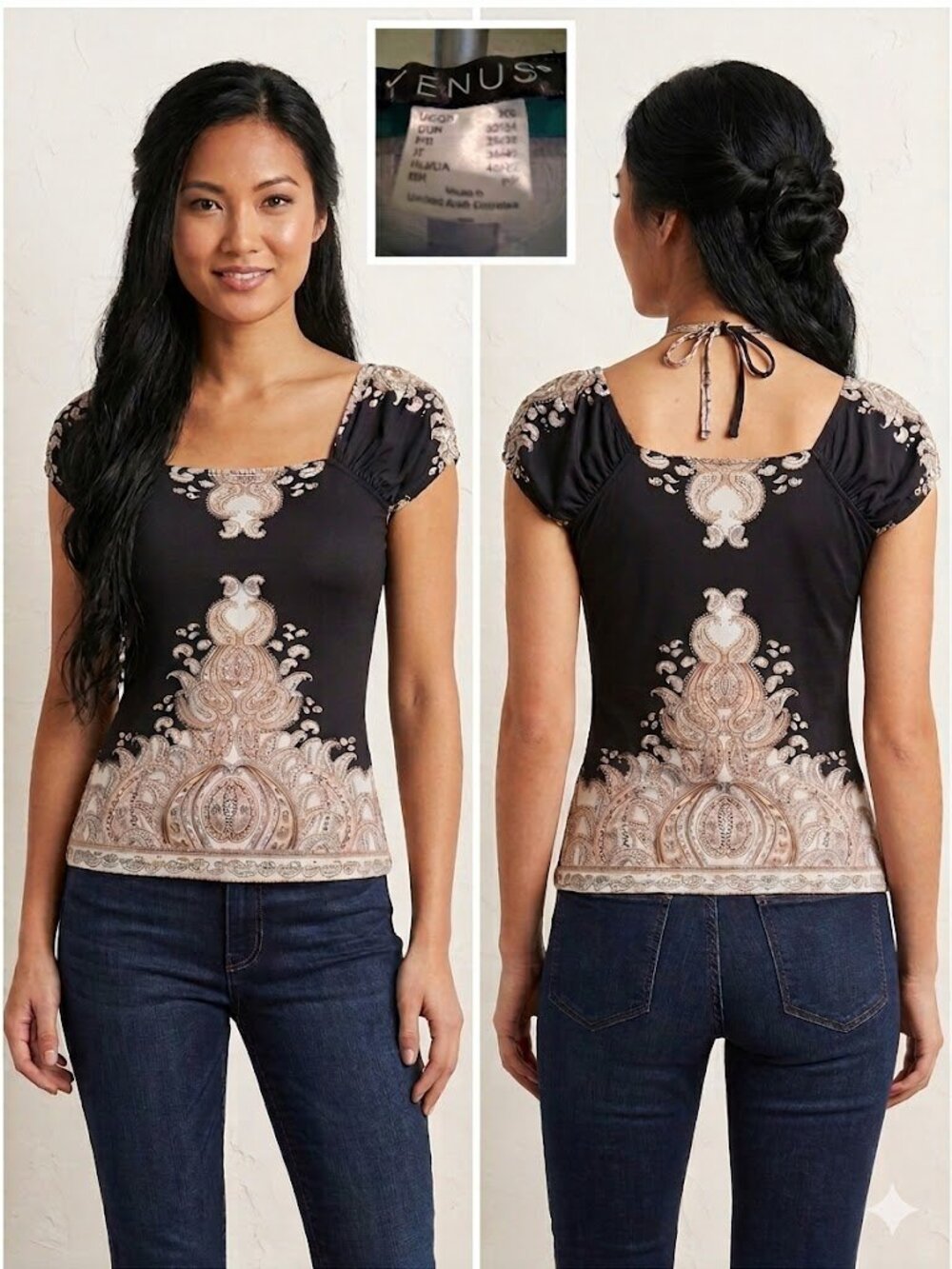 Venus Boho Paisley Square Neck Halter Top XS Black Neutral EUC